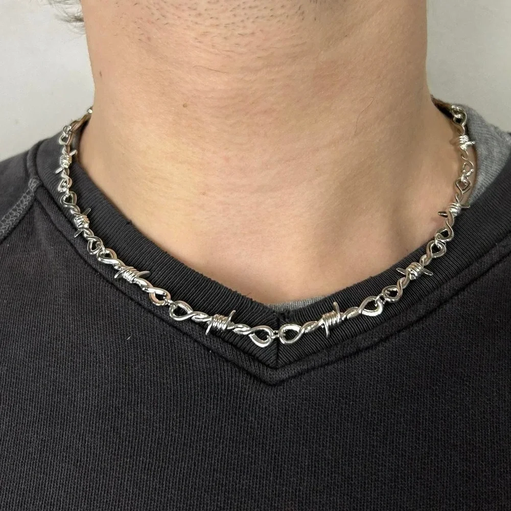 Vintage Y2K silver barbed wire opium cyber punk style necklace barb wire